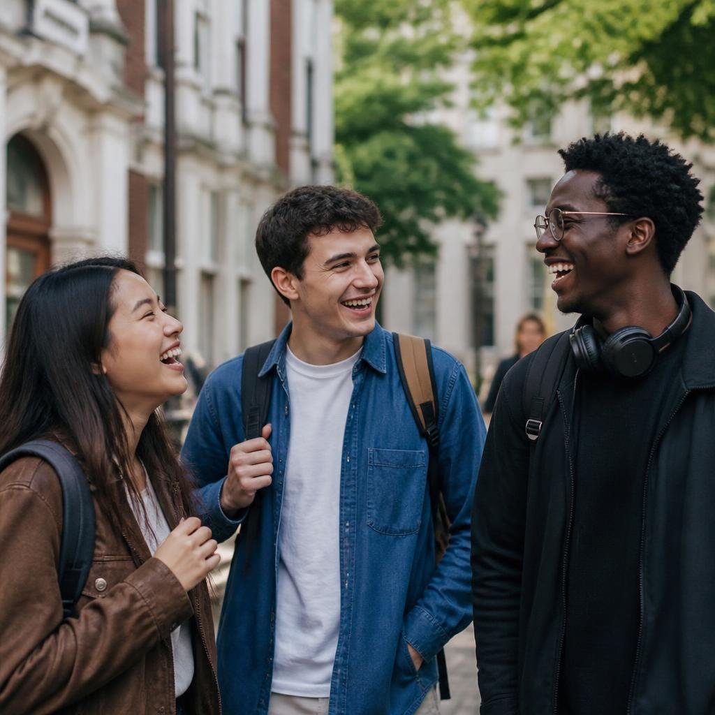 Three diverse London university students laughing together